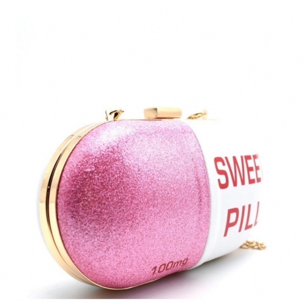 New Mezon Novelty Pill Clutch Womens Small Pink White Glitter Sweet Pill 100mg - Picture 3 of 4
